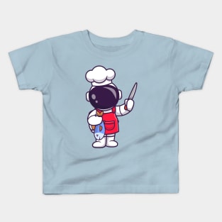 Cute Astronaut Chef With Fish And Knife Cartoon Kids T-Shirt